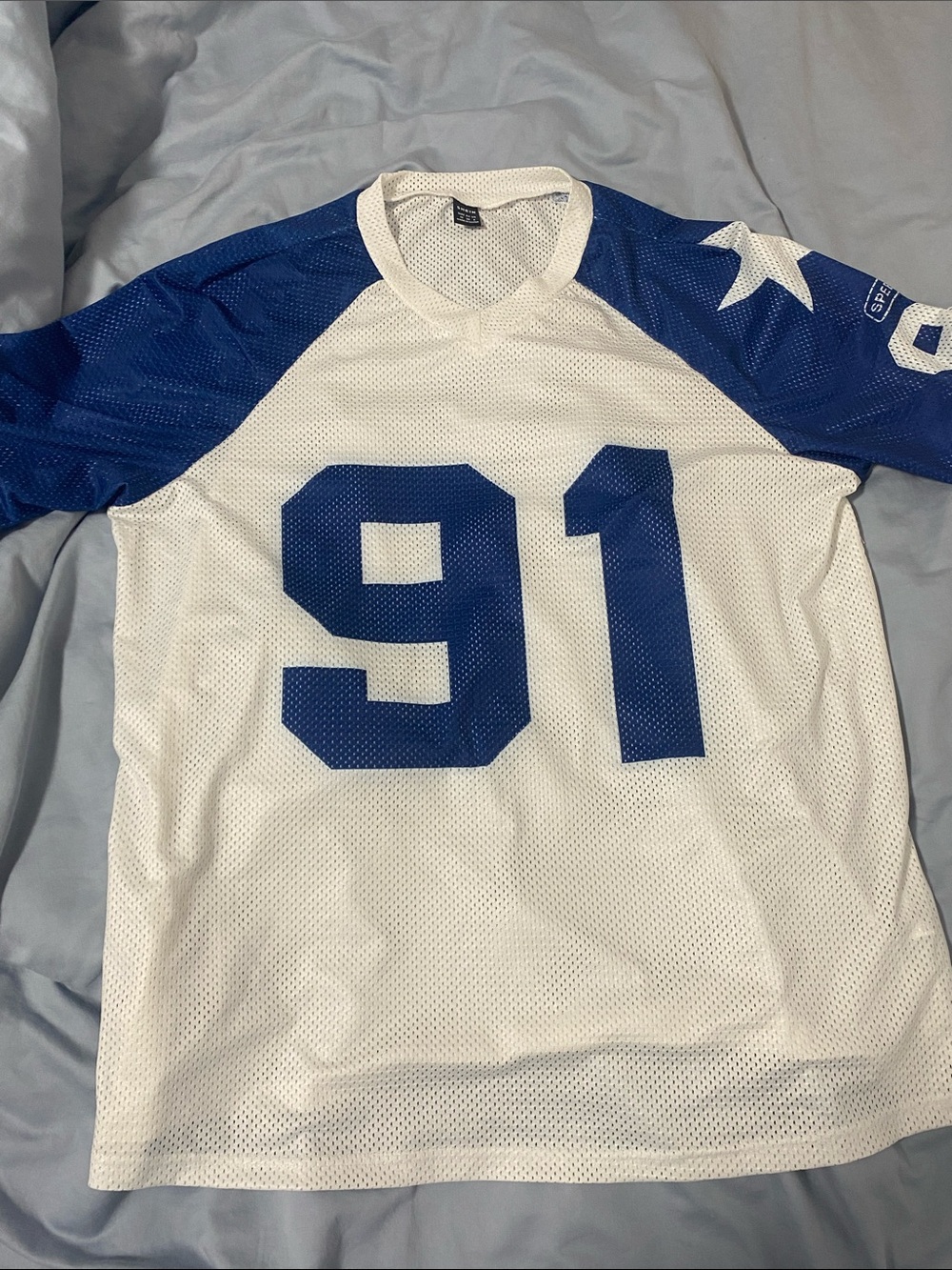 SHEIN White and Blue Athletic Mesh Jersey with Number 91